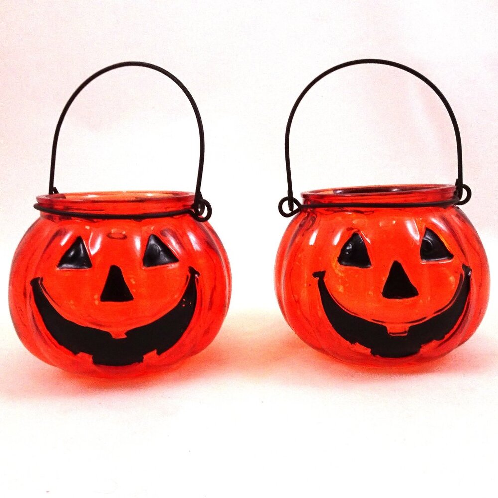 TWO Yankee Candle Jack-o-Lantern Tealight Holder Halloween Pumpkin Lantern Set 2